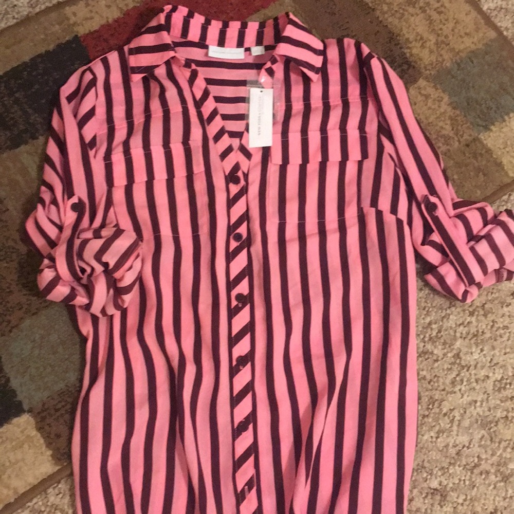 New York & Co- pink and brown striped top. Size Sm
